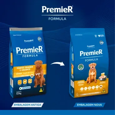 Nova embalagem Racao Premier Formula Caes Senior Racas Grande e Gigante Frango